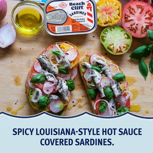 3.75 oz (Pack 12) 14g Beach Cliff Wild Caught Sardines in Louisiana Hot Sauce, Can of - Protein per Serving - Gluten