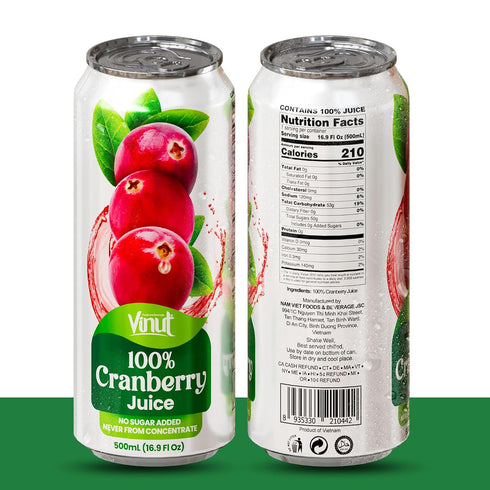 100% 16.9 oz (500 mL) Pack 12 VINUT Cranberry Juice, No Added Sugar, Not From Concentrate, fl Can