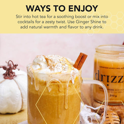 13.2 oz (375 Drizzle Ginger Shine Raw Honey - All Natural Pure Raw Honey with Organic Ginger, Unfiltered & Unheated