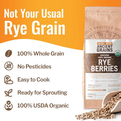 100% 5lbs Grand Teton Ancient Grains - USDA Organic Rye Berries, Rye Berry Grain, Rye Grain Organic Excellent