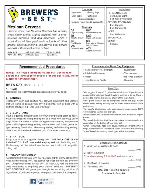 Brewer's Best 5 Home Brew Beer Ingredient Kit - Gallon (Mexican Cerveza)