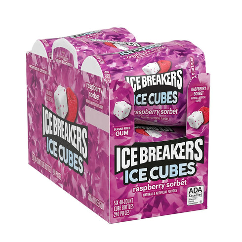 3.24 oz (6 Count, 40 ICE BREAKERS Ice Cubes Raspberry Sorbet Flavored Sugar Free Chewing Gum Bottles, Pieces)