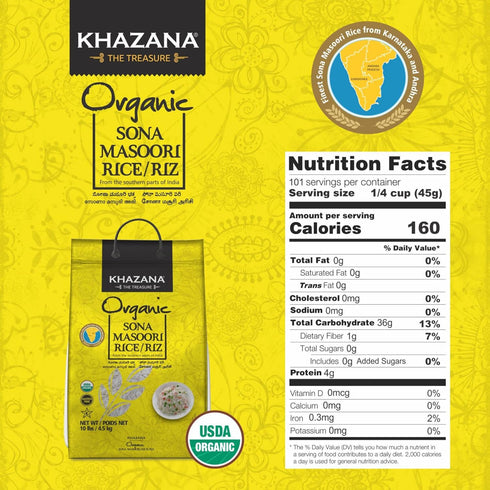 10 lb Organic Sona Masoori Rice by Khazana in Bag - Aromatic and Flavorful Indian Grain - Non-GMO, Gluten Free, Kosher