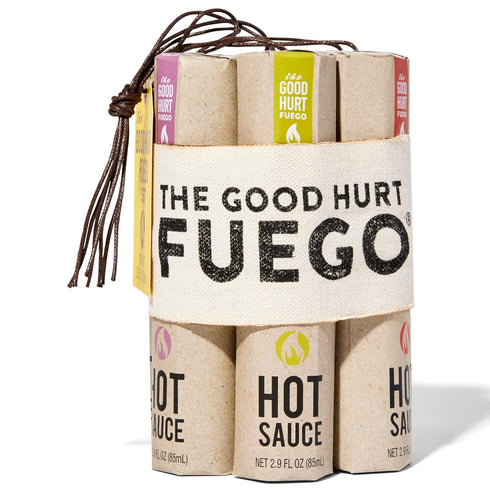 Set Packaging, Pack, Set 7 The Good Hurt Fuego, Hot Sauce Sampler Gift in Original Flavors Includes Habanero, Ghost