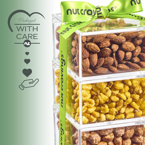 (3 Package, NUT CRAVINGS - Mothers Day Treats, Mixed Nuts Acrylic Tower Gift Basket with Ribbon Tier Assortment) Treats