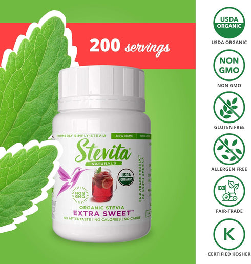 Stevita Organic Stevia Extra Sweet, 0.7 oz Powder - All-Natural, No Calorie Sweetener, 2000 Servings