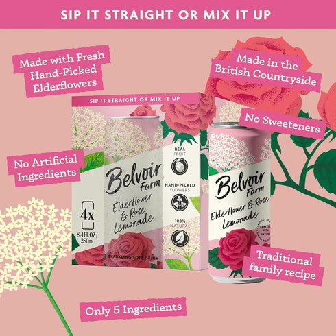 BELVOIR FRUIT FARMS 4 8.4 oz (250mL) Belvoir Farm Elderflower & Rose Sparkling Lemonade | Delicious On It's Own Or As A