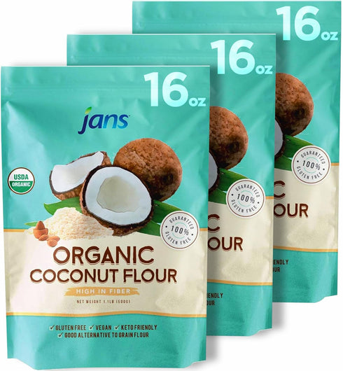 Jans Organic Coconut Flour (1.1 lb, Pack of 3) Certified Organic, Gluten-Free,