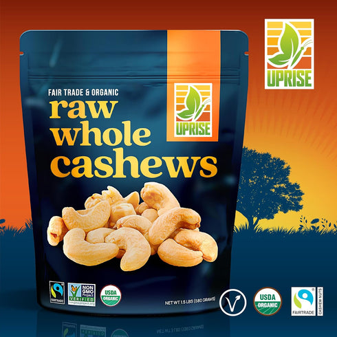 W320 (1.5 lb) Fair Trade Organic Raw Cashews Whole Unsalted Cashews for Snacking, Cooking, Baking & Trail Mix USDA