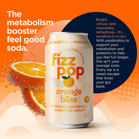 12 oz (Pack 12) Fizz Pop Metabolic Sparkling Postbiotic and Prebiotic Soda Pop Gut Health Seltzer Water Fiber Drink