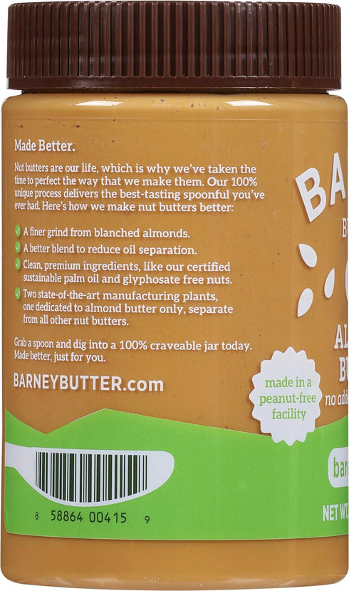 16 Barney Butter Almond Butter, Bare Crunchy, Ounce Jar, No Added Sugar or Salt, Skin-Free Almonds, No Stir, Non-GMO