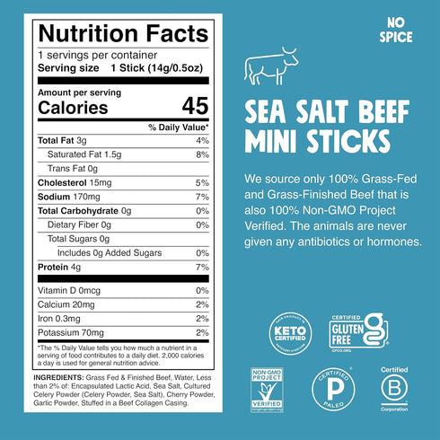 0.5oz 24-Pack Whole30, 4g Chomps Snack Size Grass-Fed and Finished Sea Salt Beef Jerky Snack Sticks - Keto, Paleo, Lean