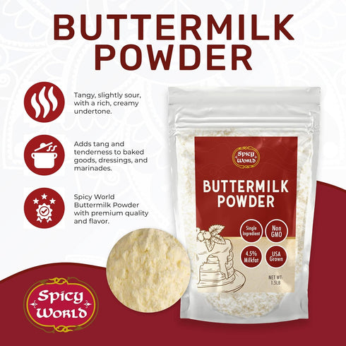 Spicy World 1.5 LB 4.5% Premium Buttermilk Powder - Made in USA from Sweet Cream, Non-GMO, Milkfat, Perfect