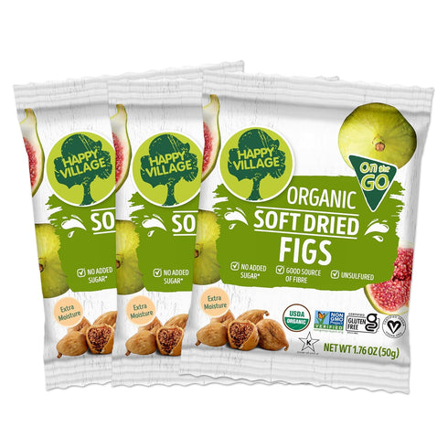 3 (15 Packs) Packs Happy Village Organic Soft Dried Figs On the Go Bags Individual Portion | Healthy, Organic, Non-GMO
