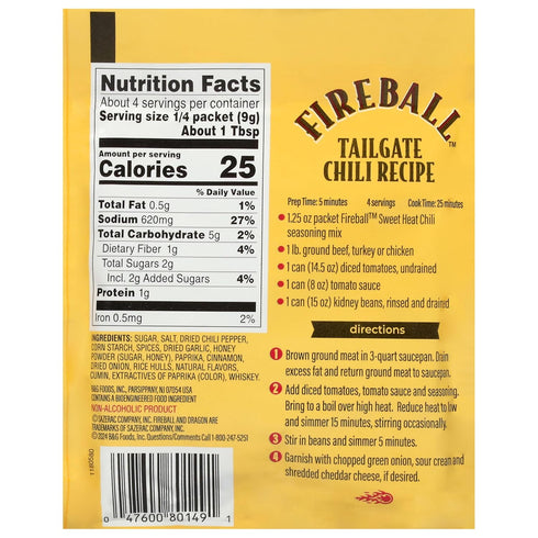 1.25 oz (Pack 12) Fireball Sweet Heat Chili Seasoning Mix