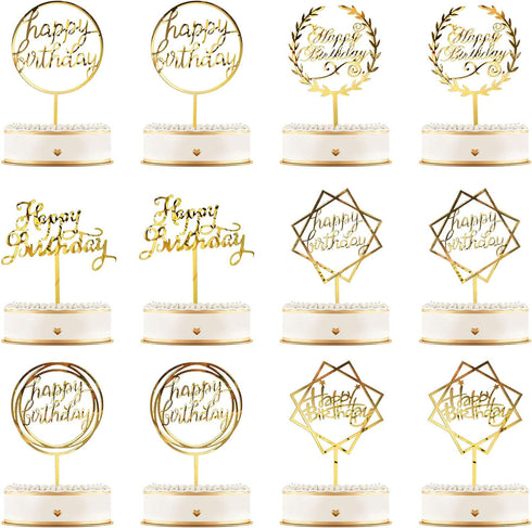 12 Pieces Glitter Happy Birthday Cake Topper Decorations for Cupcakes and Pastries - 6 Styles (Gold)