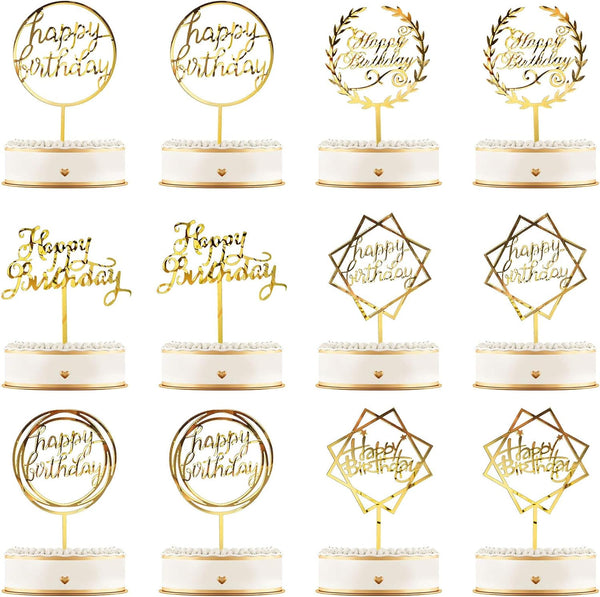 12 Pieces Glitter Happy Birthday Cake Topper Decorations for Cupcakes and Pastries - 6 Styles (Gold)