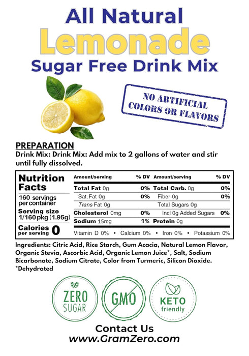 Pack, GramZero All Natural Lemonade Sugar Free Drink Mix Sports Great For Nutrition Club Loaded Teas, Zero Calorie