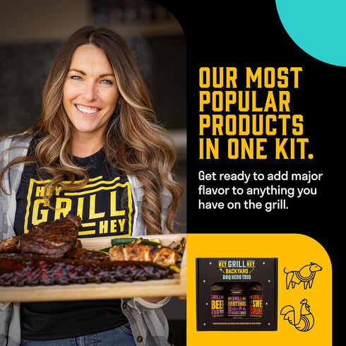 Set Set Hey Grill Hey | BBQ Seasoning and Barbeque Sauce Gift | Seasoning | Beef Rub, Sweet Rub, Everything Barbecue