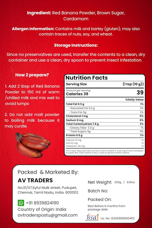 RAEN HAVEN 250g (8.81oz) Red Banana Malt Instant Milk Mix | Natural Red Banana Powder Drink | Healthy & Nutritious
