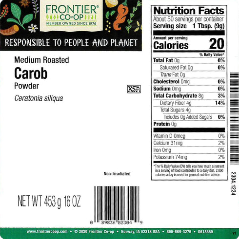 1lb Frontier Co-op Ground Carob Powder, Bulk Bag - Medium-Roasted Natural Cocoa Substitute Powder with Rich Chocolate