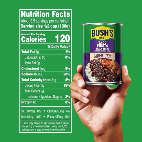 15.1 oz (Pack 12) BUSH'S BEST Canned Taco Fiesta Black Beans, Source of Protein and Fiber, Low Fat, Gluten Free