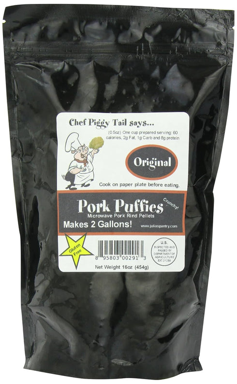 Chef Piggy Tail Microwave Pork Puffies Pork Rinds, Original, Gluten Free,16 Ounce