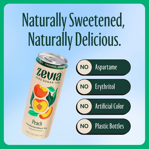 12 oz (12-Pack) Zevia Zero Sugar Tea, Black Tea with Peach, Cans Naturally Sweetened, Zero Calorie Sugar Free - Non-GMO