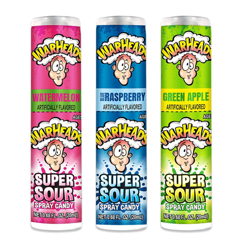 WARHEADS Super Sour Candy Spray, 3 Pack of Blue Raspberry, Green Apple, and Watermelon Flavors, 0.68 oz Bottles