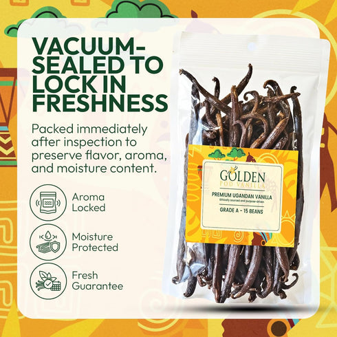 15 Count Golden Pod Vanilla Beans | Gourmet Grade A Whole Vanilla Pods | Fresh, Moist & Aromatic Beans for Homemade