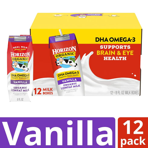 1% Omega-3, 8 oz, 12 Pack Horizon Organic Shelf-Stable Low Fat Milk Boxes with DHA Vanilla, fl