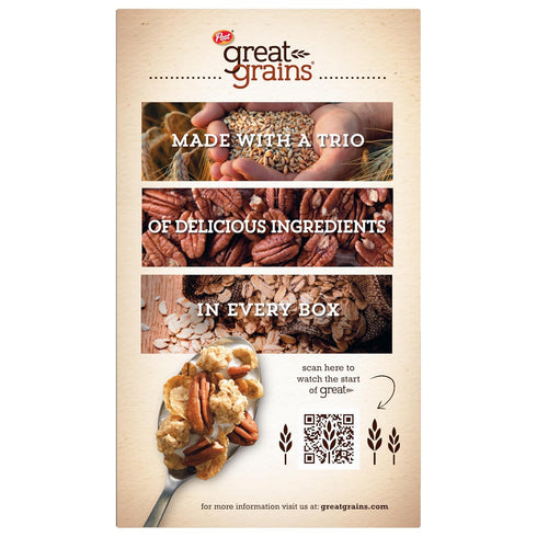 Great Grains 19 oz Crunchy Pecans Breakfast Cereal for Adults, Crispy Flakes and Granola Clusters, Non-GMO, Heart