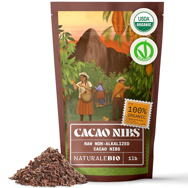 NaturaleBio Cacao Nibs Organic 1 lb. Unsweetened, Non-Alkalized and Pure. Sugar-Free Dark