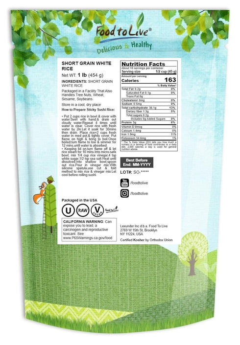 1 Food to Live Short-Grain White Rice, Pound Premium Japanese Style Short-Grain, Perfectly Sticky, Vegan, Kosher rice.