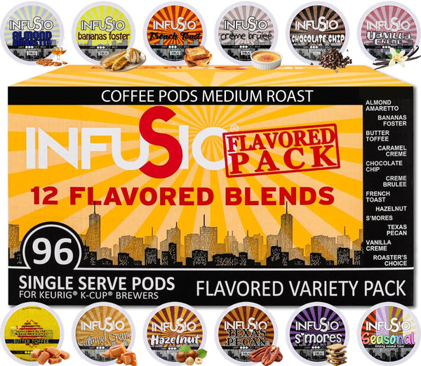 InfuSio Flavored Coffee Pods Variety Pack 96 Count, 12 Gourmet Medium Roast