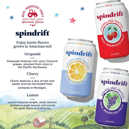 3 Pack, 12 Oz Pack 24 Spindrift Sparkling Water, Americana Flavor Variety Made with Real Squeezed Fruit, Fl Cans