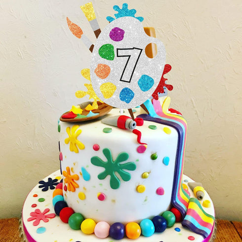 7th Slime Cake Topper - Art Themed Palette Painting Graffi Boy Girl Birthday Party Decorations for Seven Years