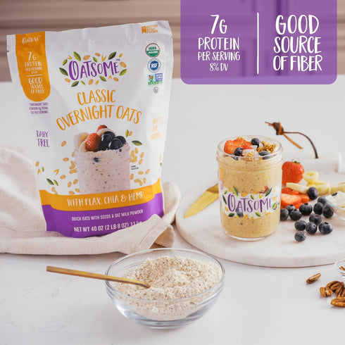 7g 2 lb 8 oz (40oz) Oatsome Organic Overnight Oats with Chia, Flax, & Hemp, Gluten-Free Oatmeal with of Protein, Bag