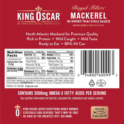 4.05 (Pack 12), King Oscar Mackerel in Sweet Thai Chili Sauce, Ounce Can of Skinless & Boneless, Wild Caught Canned