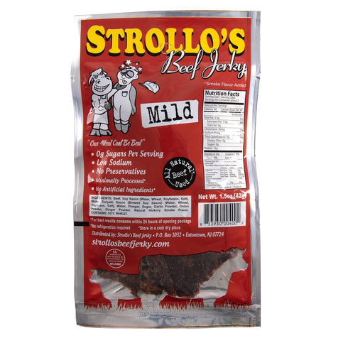 Strollo's Beef Jerky Packs 4 Pack 1.5 oz Strollos Beef Jerky Snack - Mild - Each - Low Carb, Zero Sugar, Low Fat - All