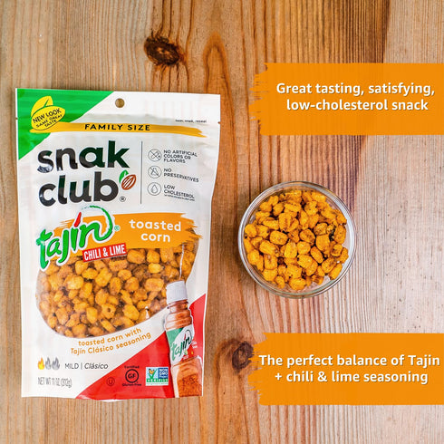 Snak Club Tajin Toasted Corn, Roasted Corn Nuggets with Chili and Lime Seasoning, 11 oz Resealable Bag, Gluten-Free