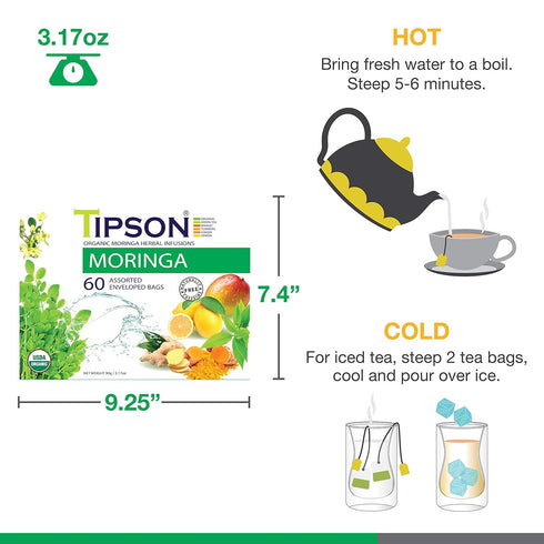 Tipson Organic Moringa Variety Sampler, 6 Flavors (60 Tea Bags), Herbal Tea Infusions, USDA Organic, Non-GMO, Gluten