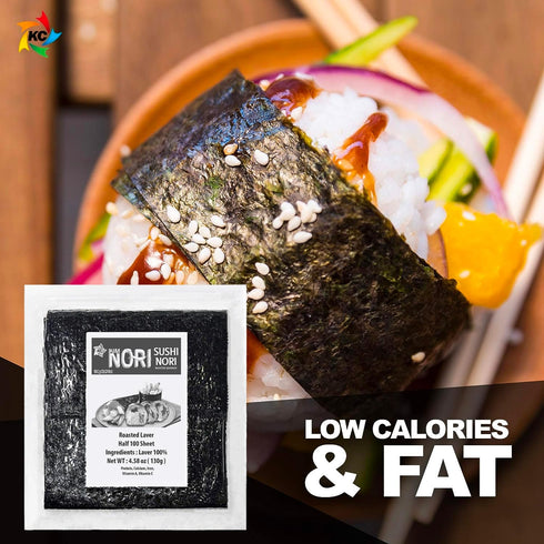 KIMNORI Sushi Nori Seaweed Sheets – 100 Half Cut Size Yaki Roasted Rolls Wraps, Resealable Bag, 100% Natural Laver, 130