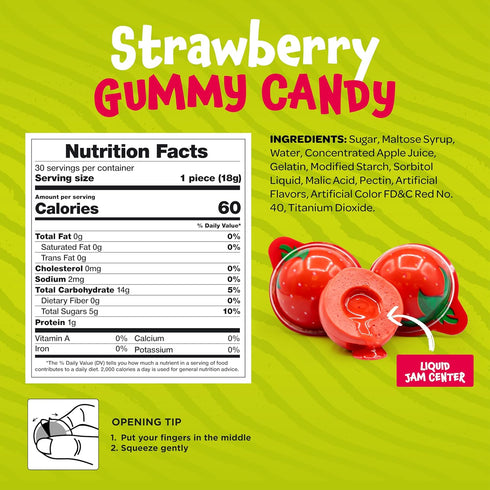 Gummy 30 Count 19 Oz Gummies Gummy Strawberry Candy - - Jar - Jelly Filled - Individually Wrapped Balls Candy - Party