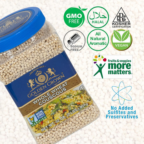 32 oz (2Lb) Golden Crown Whole Wheat Couscous - | Premium Quality Non GMO Project Verified, Vegan + Kosher Certified |