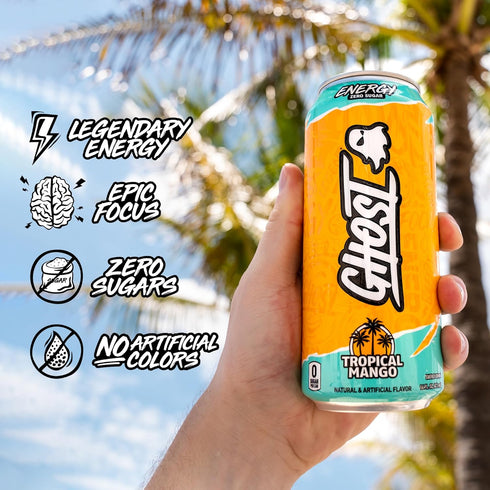 12-Pack, 16oz 200mg GHOST Energy Drink - Tropical Mango, Cans - Energy & Focus & No Artificial Colors - of Natural