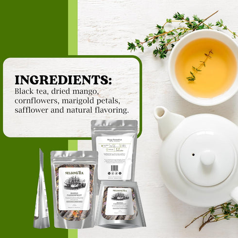 (16 oz) Nelson's Tea Mango Passionfruit - Black Loose Leaf Tea - Irresistible Blend of Black Tea, Dried Mango