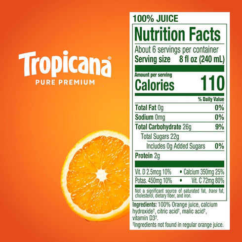 100% 46 oz Tropicana Pure Premium Orange Juice, No Pulp, Calcium and Vitamin D, fl