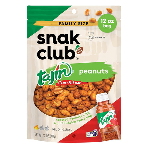 Snak Club Tajin Peanuts, Roasted Nuts with Chili and Lime Seasoning, Mild,