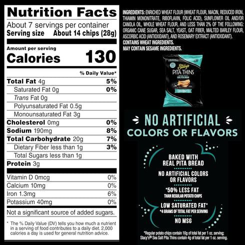 6.75oz Stacys Pita Thins, Sea Salt, No Artificial Colors or Flavors, Bag